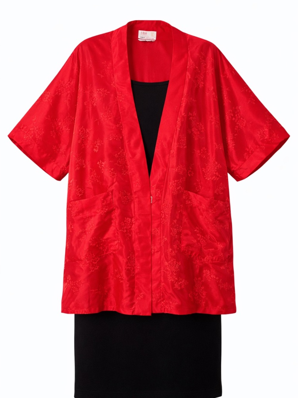 Vintage 100% Pure Silk Red Short Kimono Robe Pockets-Flower Embroidery- Size L